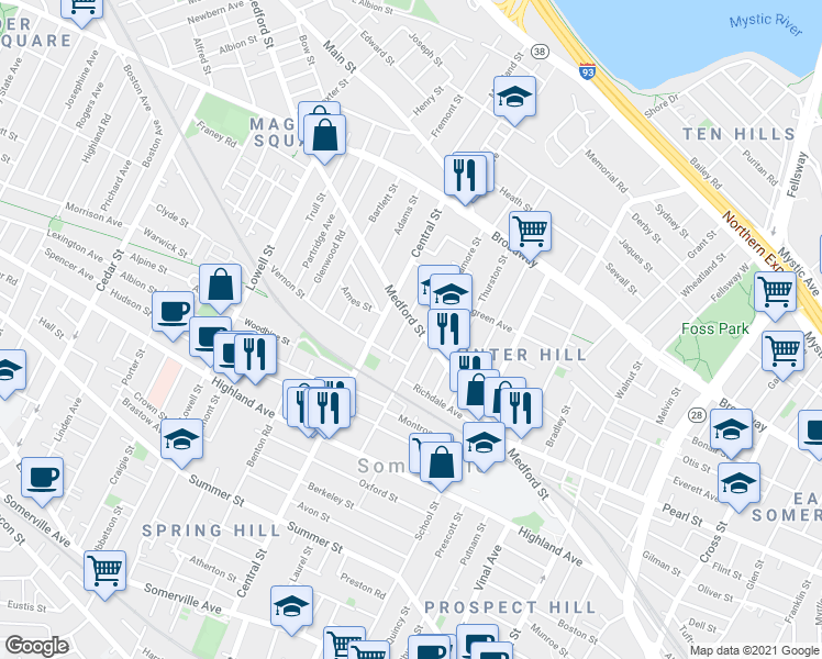 map of restaurants, bars, coffee shops, grocery stores, and more near 418 Medford Street in Somerville