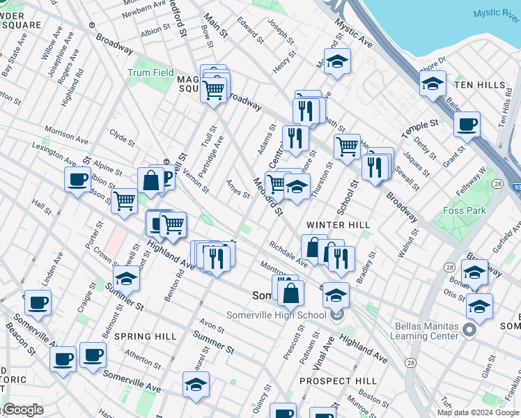 map of restaurants, bars, coffee shops, grocery stores, and more near 418 Medford Street in Somerville