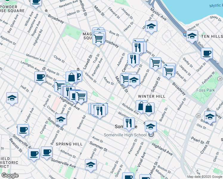 map of restaurants, bars, coffee shops, grocery stores, and more near 122 Central Street in Somerville