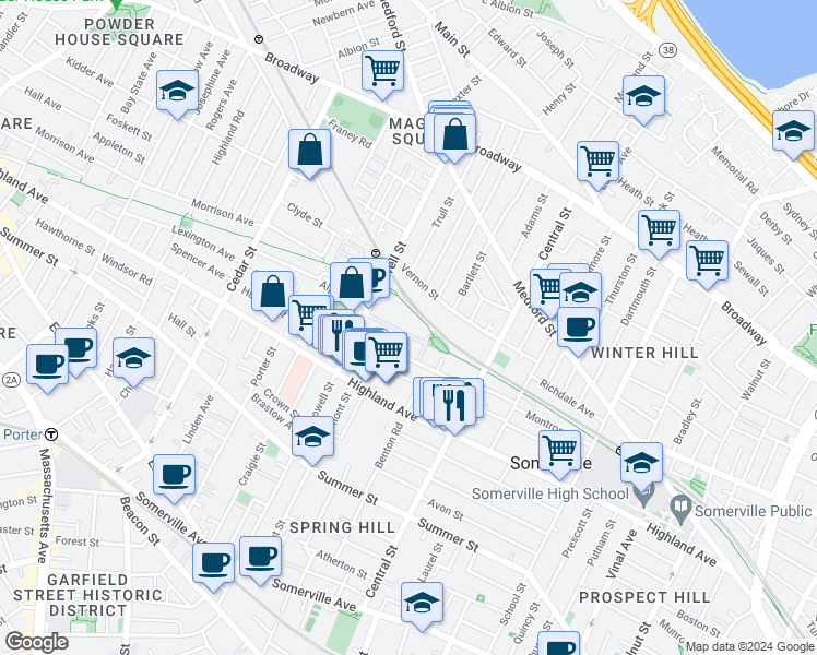 map of restaurants, bars, coffee shops, grocery stores, and more near 7 Woodbine Street in Somerville