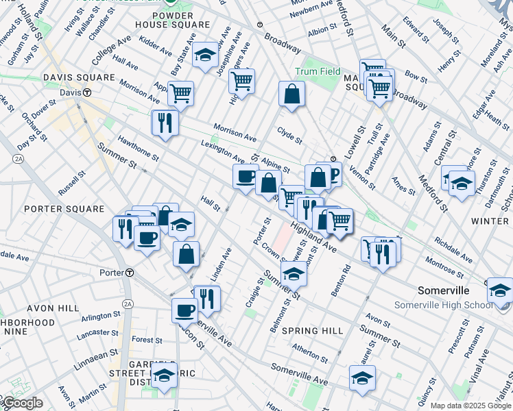 map of restaurants, bars, coffee shops, grocery stores, and more near 257 Highland Avenue in Somerville