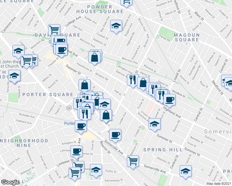 map of restaurants, bars, coffee shops, grocery stores, and more near 11 Hall Street in Somerville