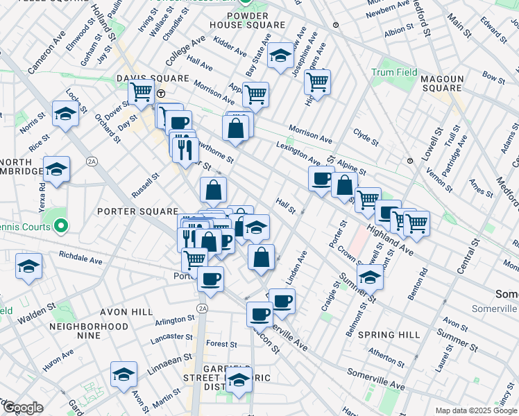 map of restaurants, bars, coffee shops, grocery stores, and more near 283 Summer Street in Somerville