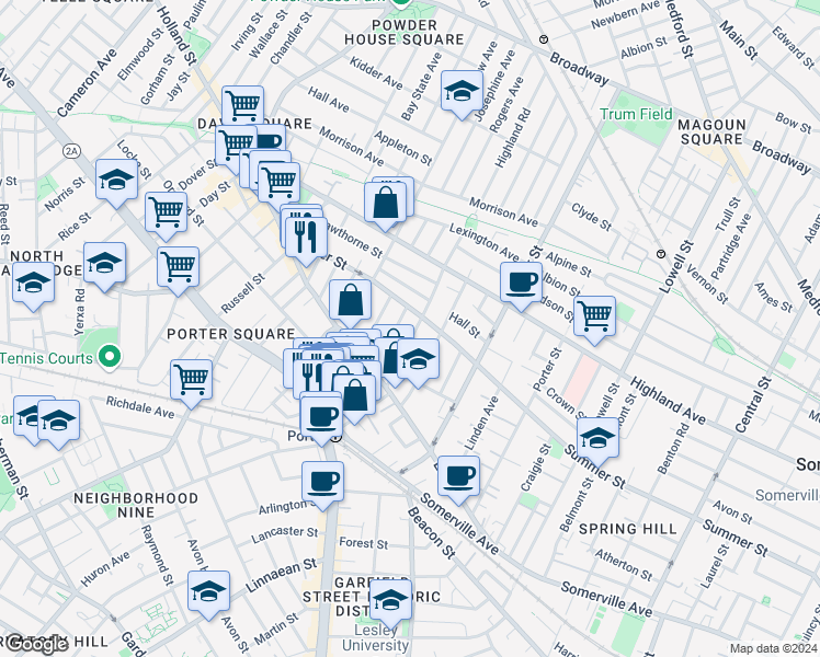 map of restaurants, bars, coffee shops, grocery stores, and more near 41 Burnside Avenue in Somerville