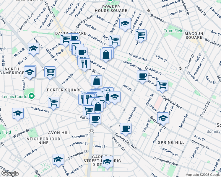 map of restaurants, bars, coffee shops, grocery stores, and more near 41 Burnside Avenue in Somerville