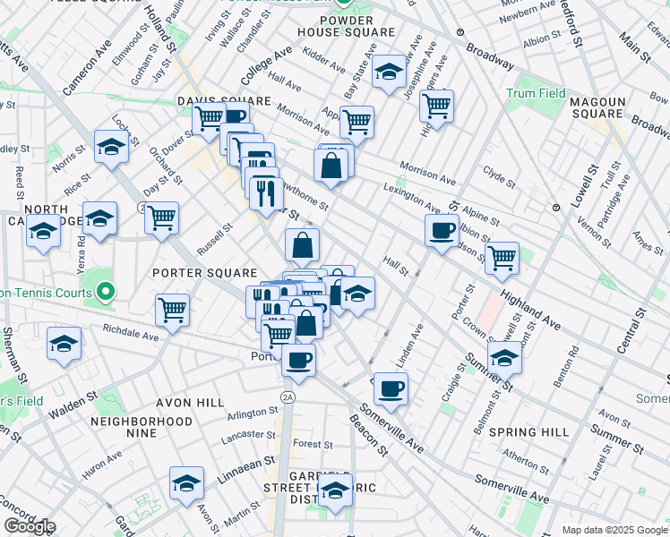 map of restaurants, bars, coffee shops, grocery stores, and more near 41 Burnside Avenue in Somerville