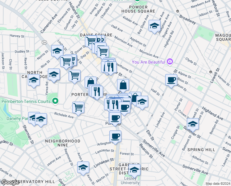 map of restaurants, bars, coffee shops, grocery stores, and more near 25 Beech Street in Cambridge
