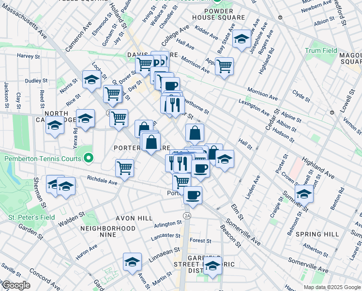 map of restaurants, bars, coffee shops, grocery stores, and more near 25 Beech Street in Cambridge