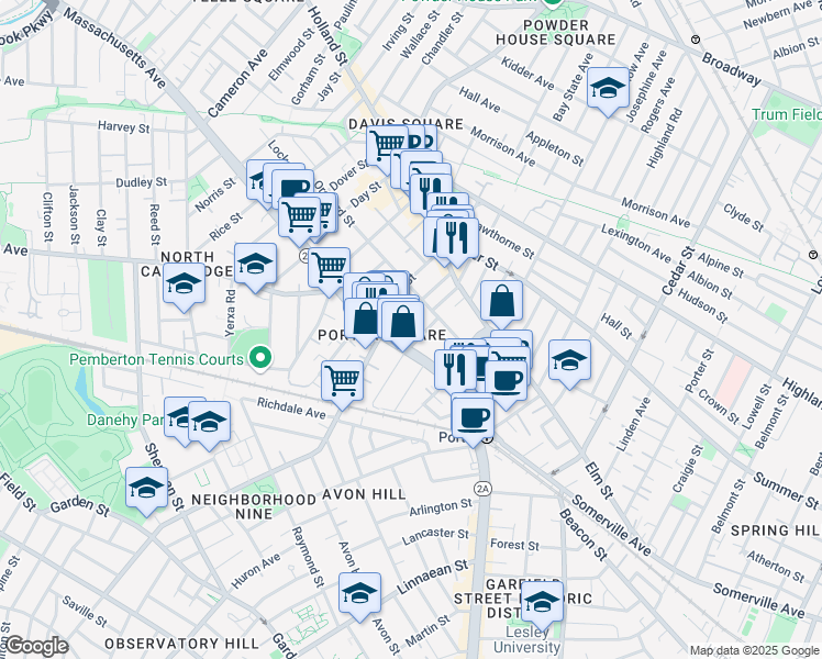 map of restaurants, bars, coffee shops, grocery stores, and more near 2055 Massachusetts Avenue in Cambridge