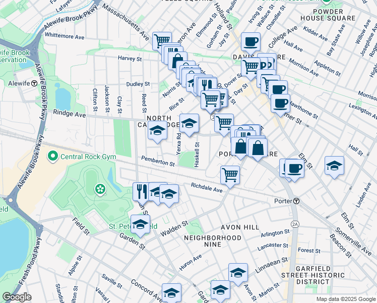 map of restaurants, bars, coffee shops, grocery stores, and more near 77 Rindge Avenue in Cambridge