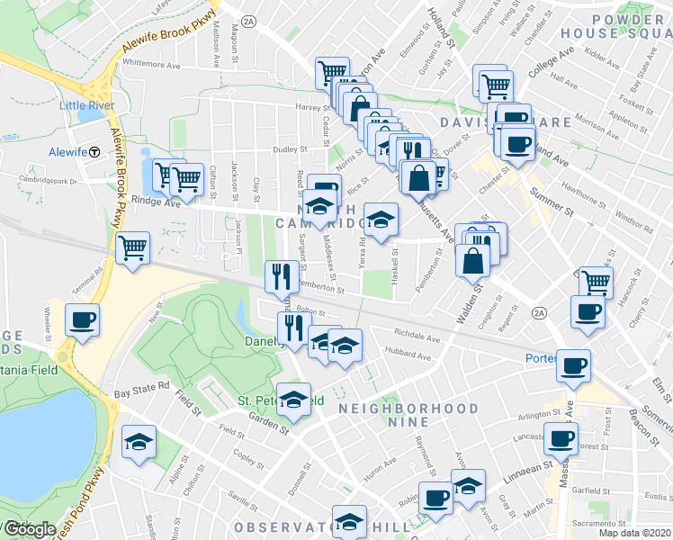 map of restaurants, bars, coffee shops, grocery stores, and more near 6 Van Norden Street in Cambridge