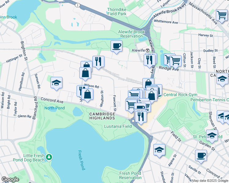 map of restaurants, bars, coffee shops, grocery stores, and more near 77 Fawcett Street in Cambridge