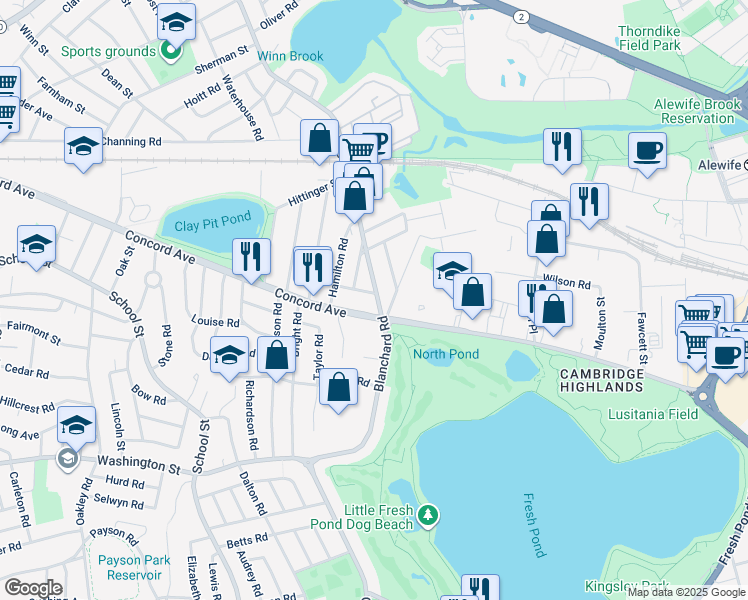 map of restaurants, bars, coffee shops, grocery stores, and more near 17-19 Griswold Street in Cambridge