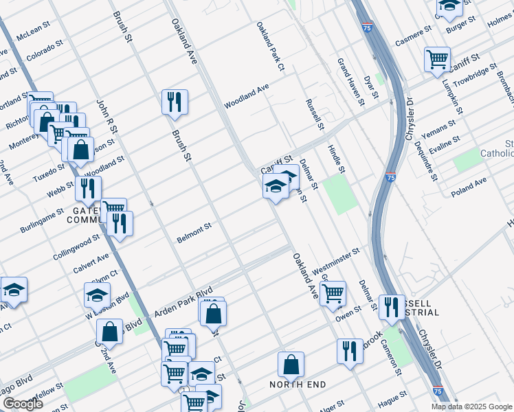 map of restaurants, bars, coffee shops, grocery stores, and more near 606 Belmont Street in Detroit