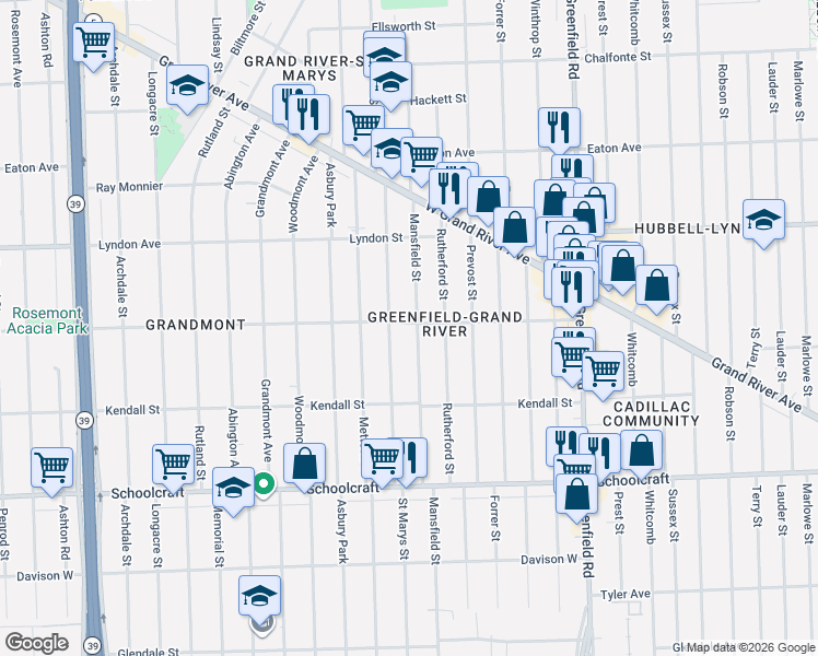 map of restaurants, bars, coffee shops, grocery stores, and more near 14257 Mansfield Street in Detroit
