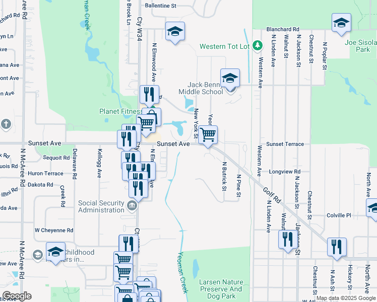 map of restaurants, bars, coffee shops, grocery stores, and more near 1615 Sunset Avenue in Waukegan