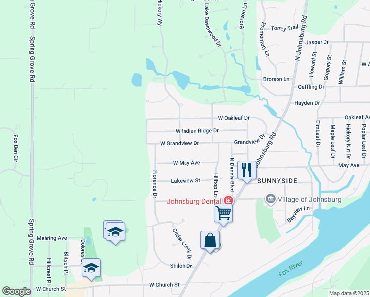 map of restaurants, bars, coffee shops, grocery stores, and more near 1909 Grandview Drive in Johnsburg
