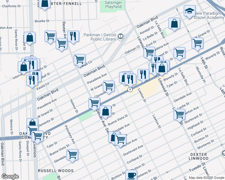 map of restaurants, bars, coffee shops, grocery stores, and more near 3227 Clements Street in Detroit