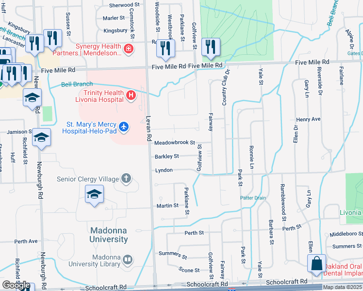 map of restaurants, bars, coffee shops, grocery stores, and more near 36051 Meadowbrook Street in Livonia