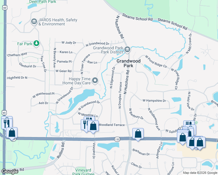 map of restaurants, bars, coffee shops, grocery stores, and more near 36376 North Edgewood Drive in Gurnee