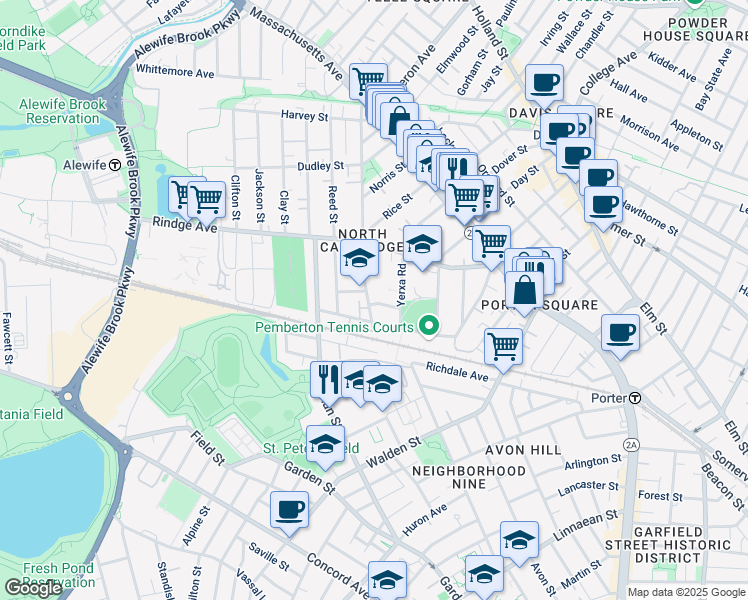 map of restaurants, bars, coffee shops, grocery stores, and more near 6 Van Norden Street in Cambridge