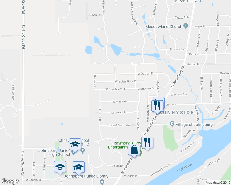 map of restaurants, bars, coffee shops, grocery stores, and more near 1909 Grandview Drive in Johnsburg