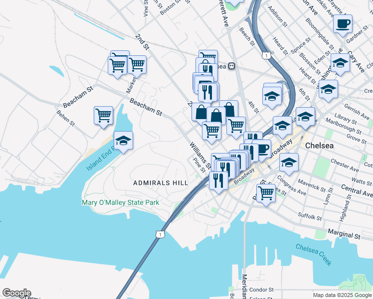 map of restaurants, bars, coffee shops, grocery stores, and more near 172 Williams Street in Chelsea