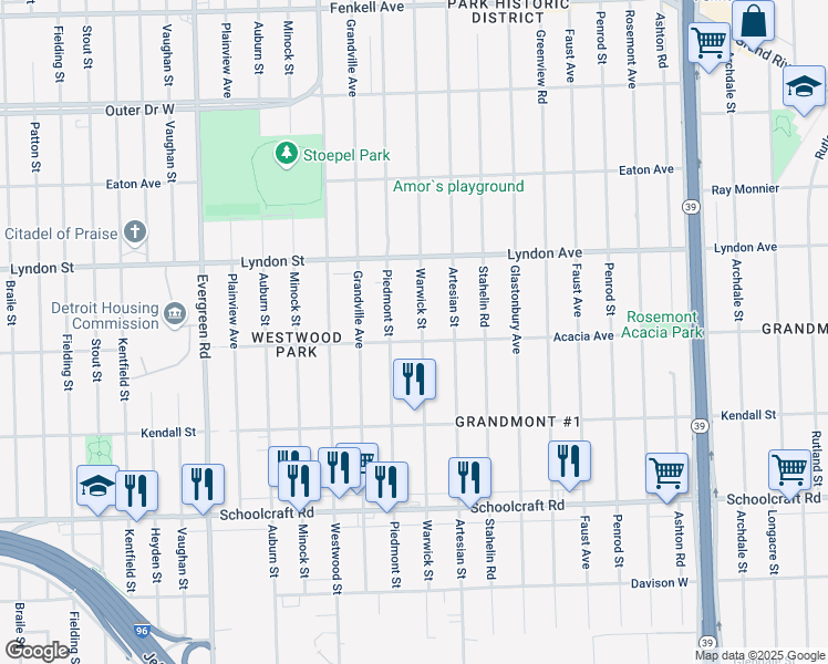 map of restaurants, bars, coffee shops, grocery stores, and more near 14311 Warwick Street in Detroit