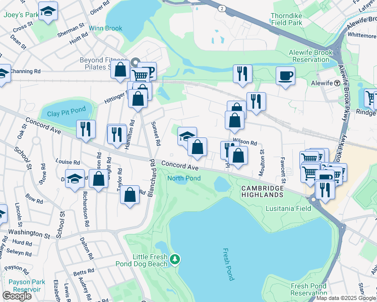 map of restaurants, bars, coffee shops, grocery stores, and more near 44 Spinelli Place in Cambridge
