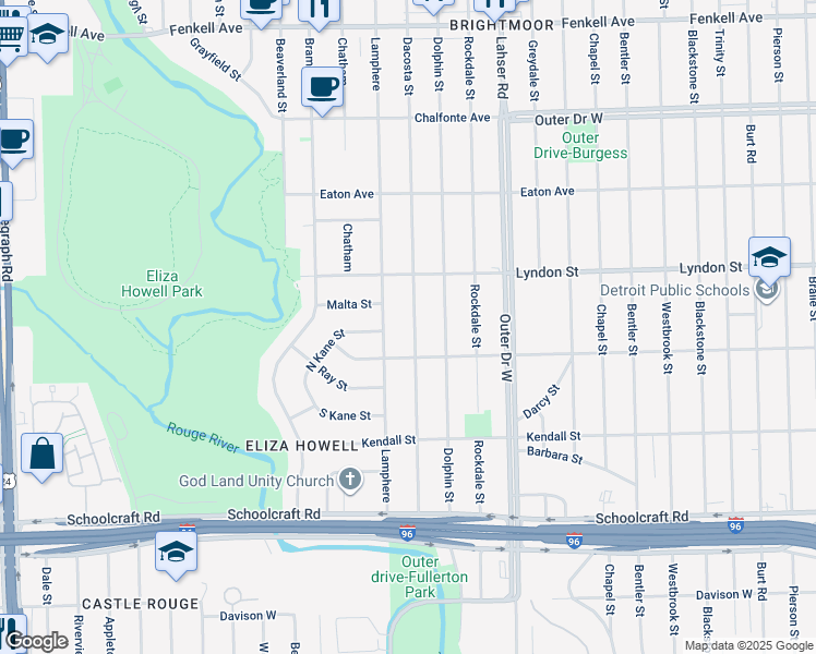 map of restaurants, bars, coffee shops, grocery stores, and more near 14357 Dacosta Street in Detroit