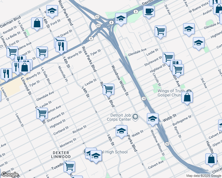map of restaurants, bars, coffee shops, grocery stores, and more near 1688 Highland St in Detroit