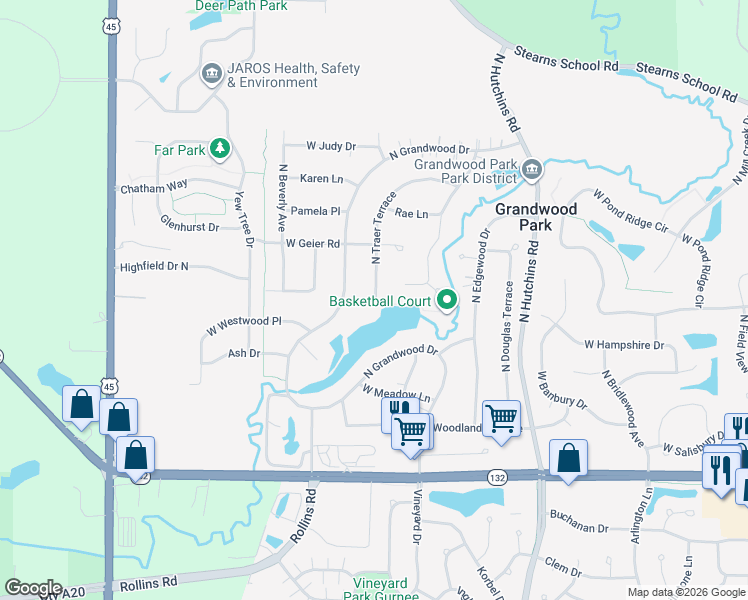 map of restaurants, bars, coffee shops, grocery stores, and more near 36421 North Traer Terrace in Gurnee