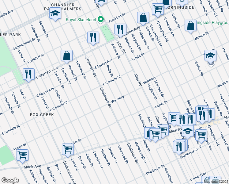 map of restaurants, bars, coffee shops, grocery stores, and more near 4350 Marlborough Street in Detroit