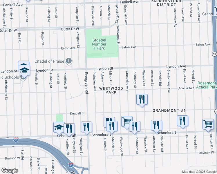 map of restaurants, bars, coffee shops, grocery stores, and more near 14316 Minock Street in Detroit