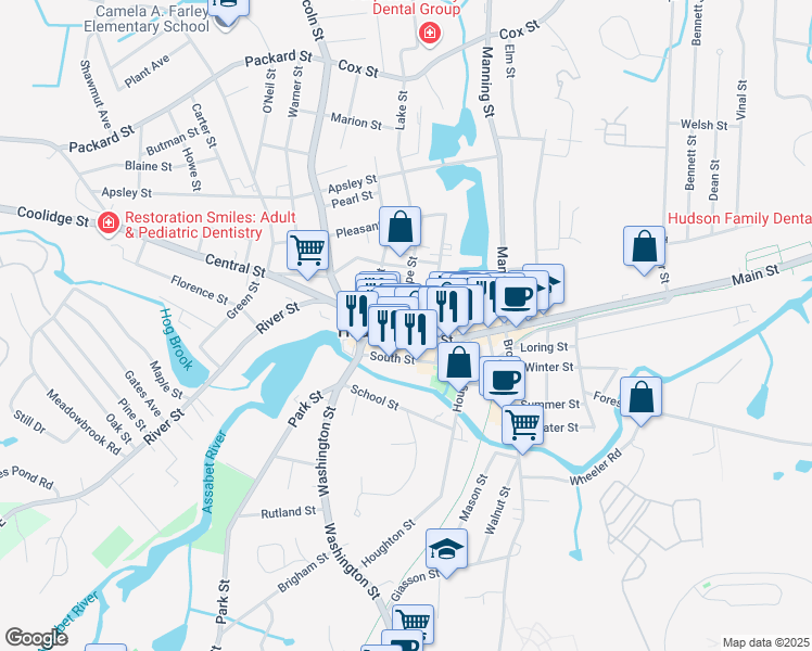 map of restaurants, bars, coffee shops, grocery stores, and more near 79 Pope Street in Hudson