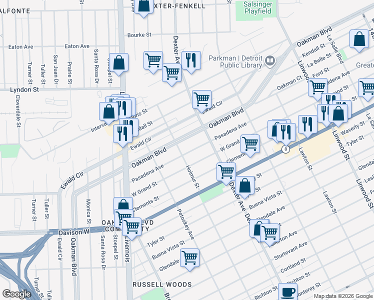 map of restaurants, bars, coffee shops, grocery stores, and more near 3806 Pasadena Street in Detroit