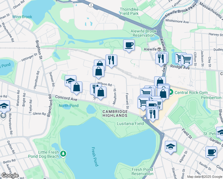 map of restaurants, bars, coffee shops, grocery stores, and more near 61 Moulton Street in Cambridge