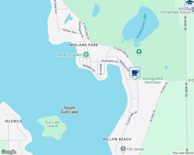 map of restaurants, bars, coffee shops, grocery stores, and more near 2020 Midlake Drive in Hickory Corners