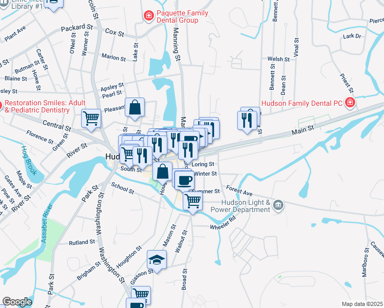 map of restaurants, bars, coffee shops, grocery stores, and more near 199 Main Street in Hudson