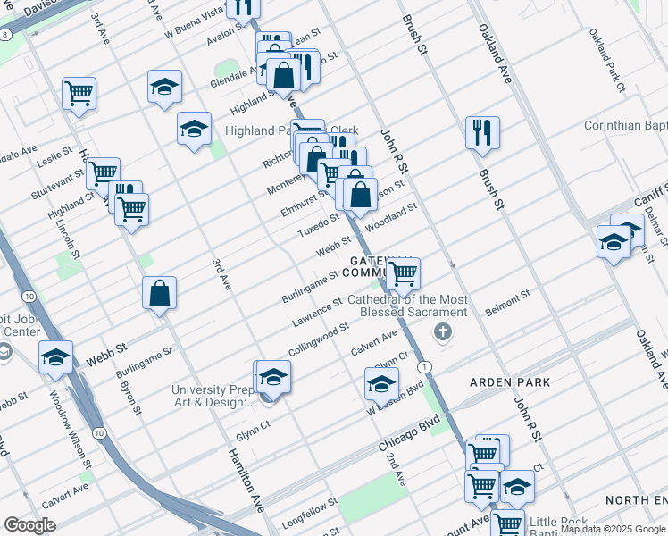 map of restaurants, bars, coffee shops, grocery stores, and more near 90 Burlingame Street in Detroit