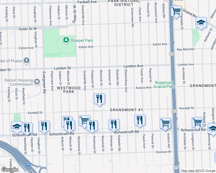 map of restaurants, bars, coffee shops, grocery stores, and more near 14313 Artesian Street in Detroit