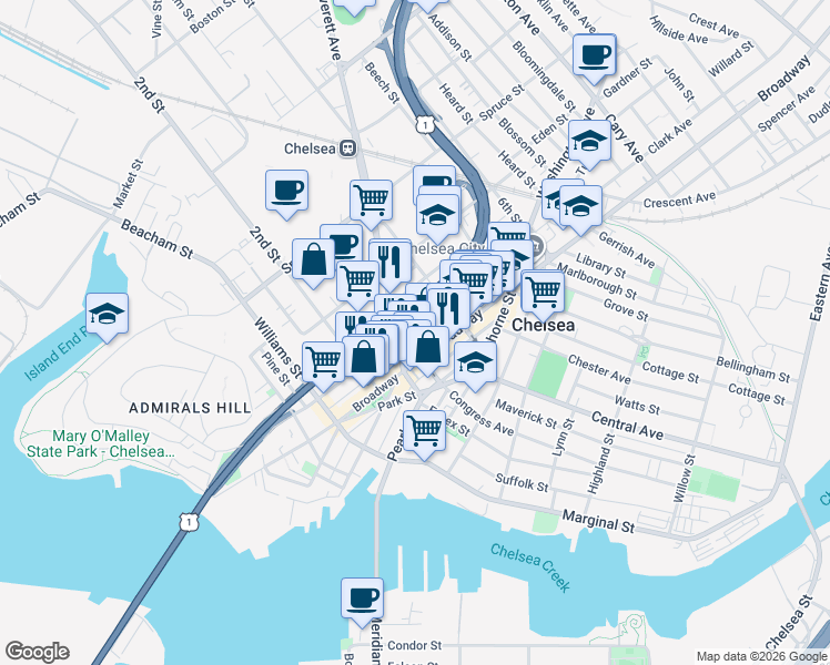 map of restaurants, bars, coffee shops, grocery stores, and more near 7 Everett Avenue in Chelsea