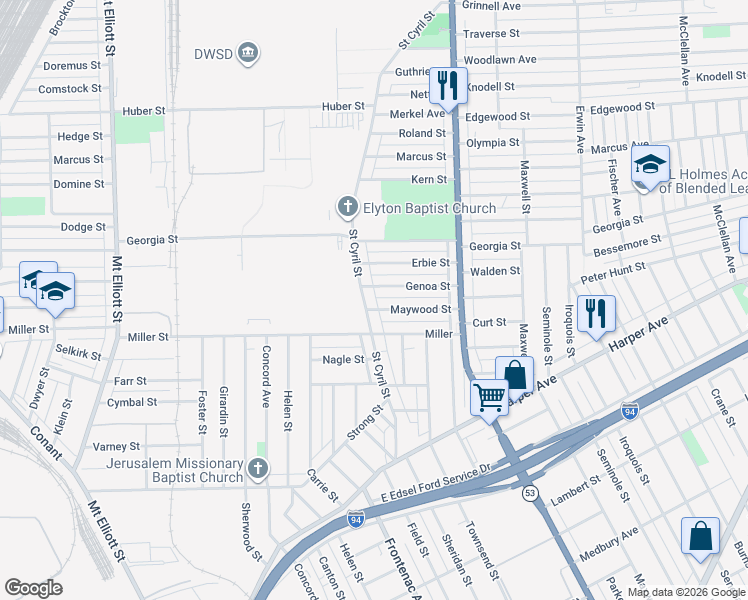 map of restaurants, bars, coffee shops, grocery stores, and more near 8614 Saint Cyril Street in Detroit