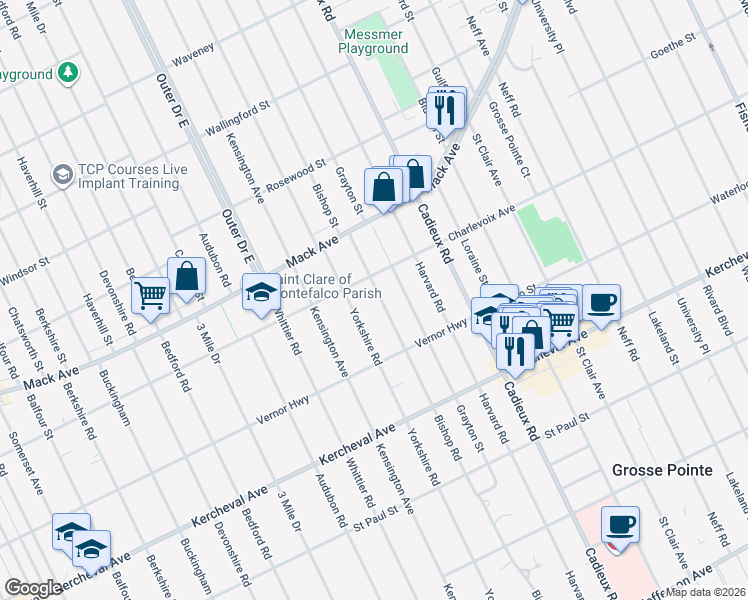 map of restaurants, bars, coffee shops, grocery stores, and more near 1367 Bishop Road in Grosse Pointe Park