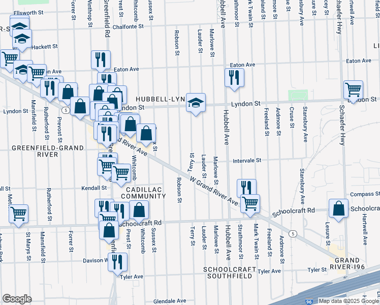 map of restaurants, bars, coffee shops, grocery stores, and more near 14241 Terry Street in Detroit