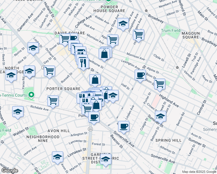 map of restaurants, bars, coffee shops, grocery stores, and more near 41 Burnside Avenue in Somerville