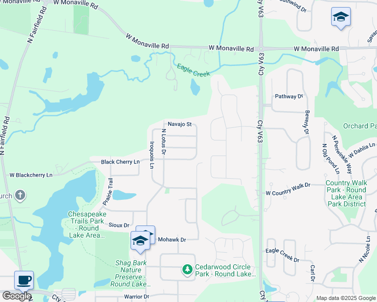 map of restaurants, bars, coffee shops, grocery stores, and more near 2386 Ojibwa Trail in Round Lake Heights