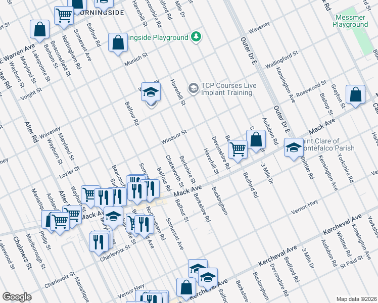 map of restaurants, bars, coffee shops, grocery stores, and more near 3635 Buckingham in Detroit