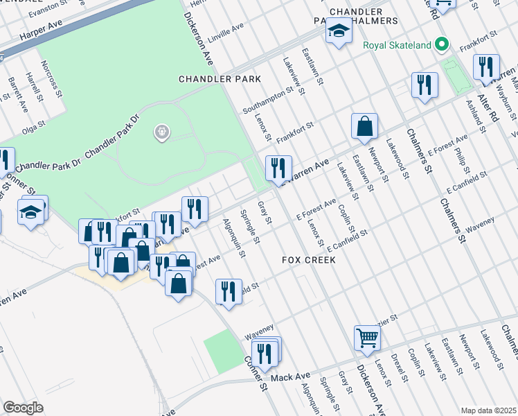 map of restaurants, bars, coffee shops, grocery stores, and more near 4883 Gray Street in Detroit