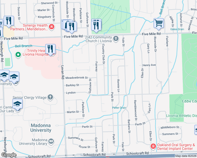 map of restaurants, bars, coffee shops, grocery stores, and more near 14664 Fairway Street in Livonia